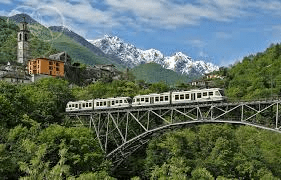Panorama alpino sullo sfondo, ponte ferroviario e treno.