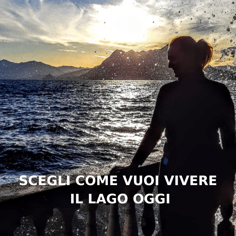 scegli come vuoi vivere il lago oggi , balconata barocca, alba sul lago, ragazza di profilo, gocce d'acqua delle onde